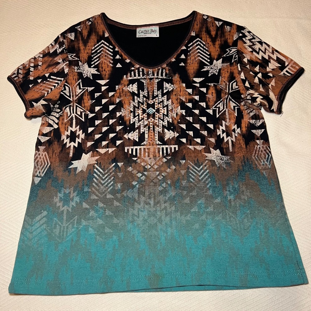 Cactus Bay Womens Large Southwestern Rhinestone V-Neck Y2K Vintage 100% Cotton